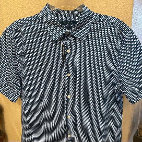 NWT~PERRY ELLIS Men Slim Fit Blue Patterned Button Short Sleeve Top-Medium - Picture 3 of 10